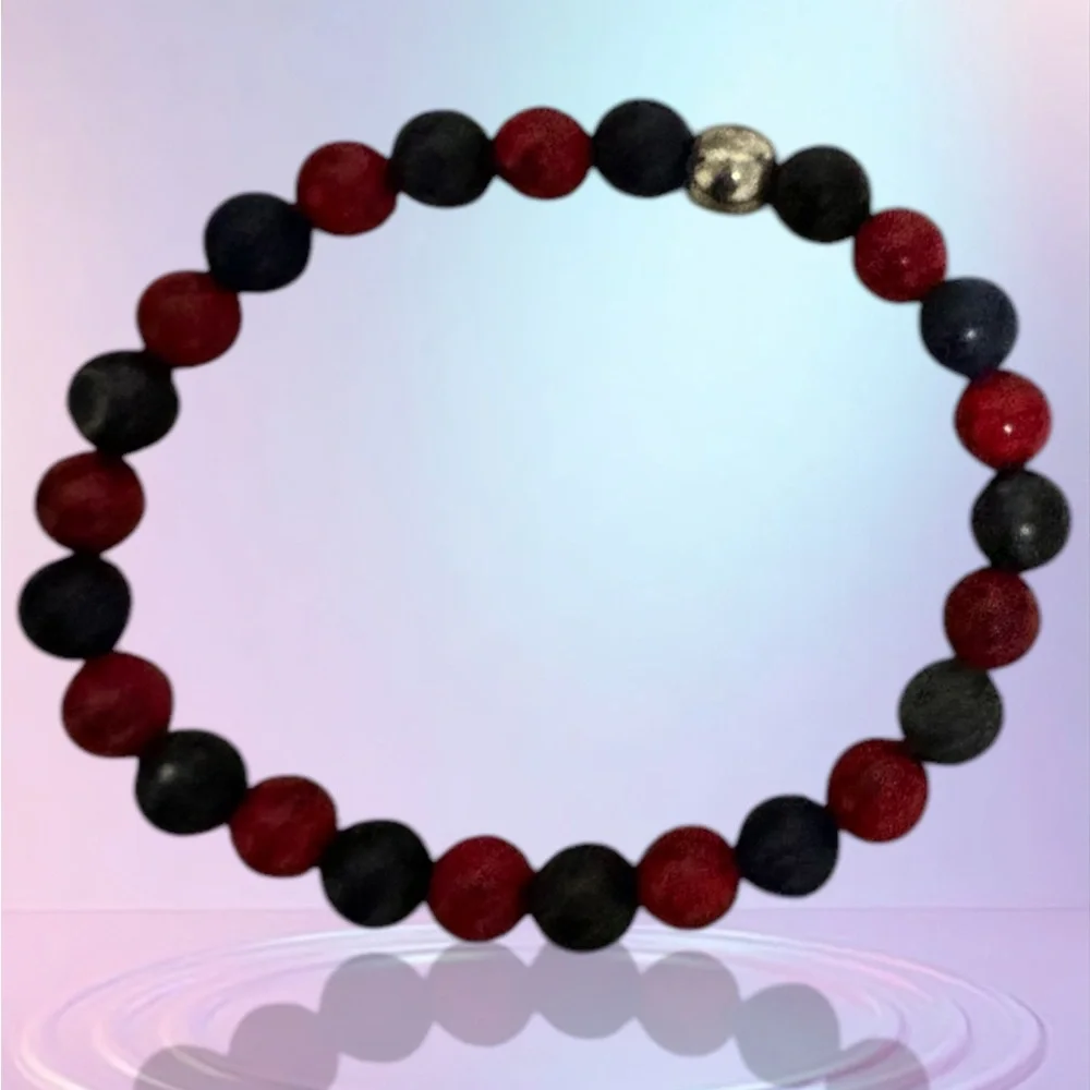 Bead Bracelet with Silver Center Bead Stretch Fits Most Women in Red/Gray/Black